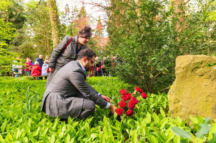 Onder toeziend oog van Patty Wolthof legt Europarlementariër Mohammed Chahim rozen bij het graf van Gerardus Horreüs de Haas. - Foto: Peter Denekamp