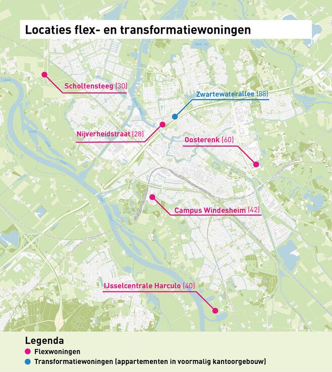 De 200 flexwoningen worden op 5 verschillende locaties in Zwolle geplaatst. - Foto: Gemeente Zwolle