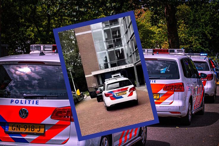 Inzet: De politiewagen stond enige tijd met loeiende sirene achter de vluchtauto op de Gantel. - Foto: Peter Denekamp/inzet: Politie Oost-Nederland