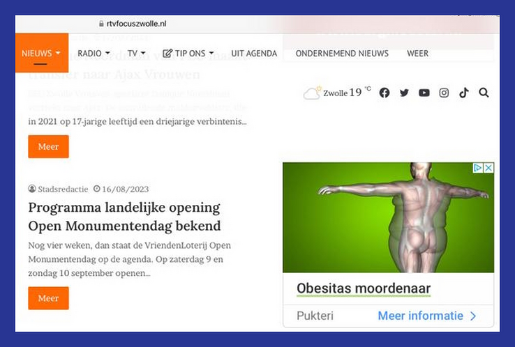 Een schermopname van de advertentie voor afslankpillen op de website van RTV Focus, waar het oog op viel van Silvia Bruggenkamp.  - Foto: Redactie 1Zwolle
