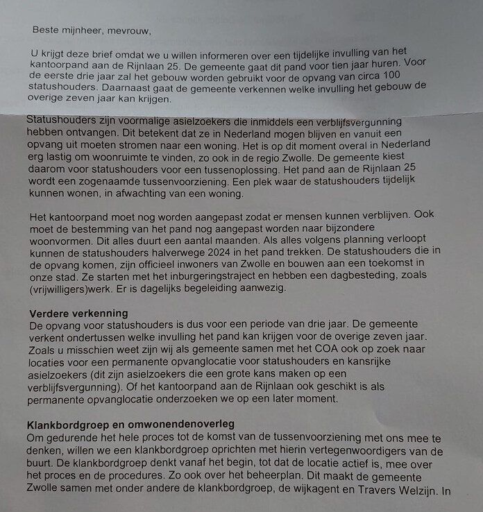 Een deel van de brief van de wethouder aan wijkbewoners. - Foto: Ingezonden foto