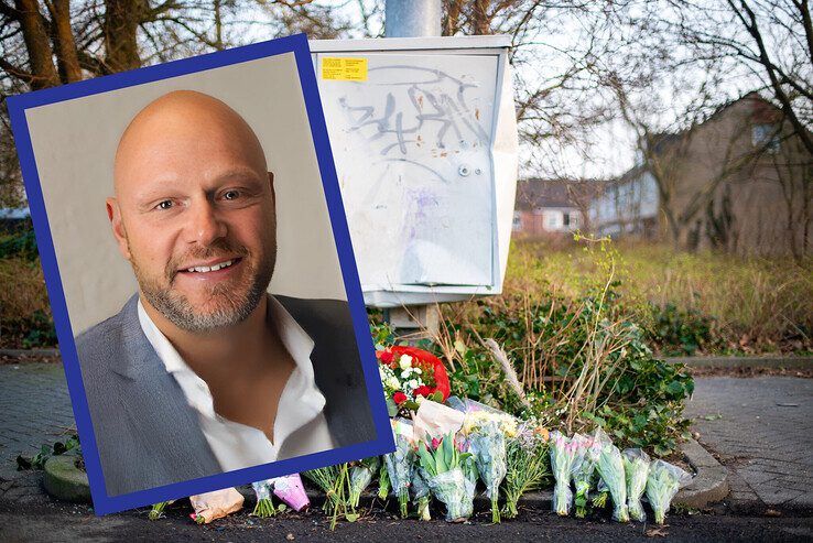 Bloemen op de parkeerplaats bij Aldi /inzet: Peter Bloemink (44) - Foto: Hugo Janssen/inzet: eigen foto