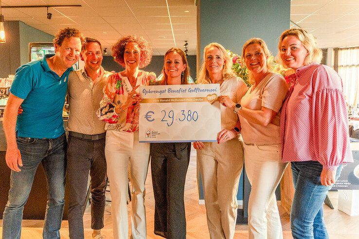Het bestuur en management van Ronald McDonald Huis Zwolle met de cheque. - Foto: Rick ten Caat