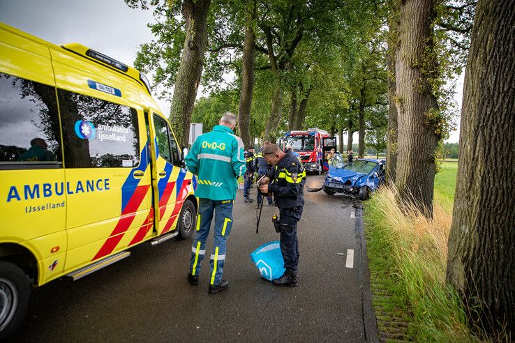 Hulpverleners bij het wrak tegen de boom op de Rechterensedijk. - Foto: Hugo Janssen