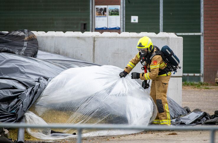 Een brandweerman bij de ingekuilde mais op het erf aan de Hilsdijk.  - Foto: Hugo Janssen