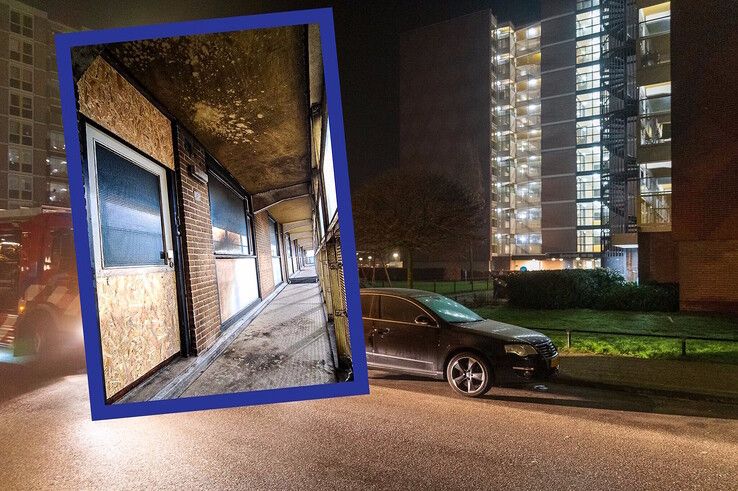 Het flatgebouw aan de Haringvliet/inzet: De schade bij het appartement na de aanslag. - Foto: Peter Denekamp