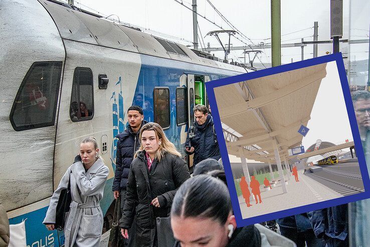 Het perron van het Kamperlijntje wordt overkapt. - Foto: Obbe Bakker/inzet: Studio Nauta