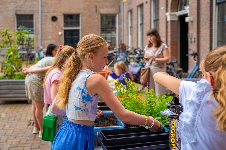 In beeld: Kinderen maken bibliotheekplein Kampen groener met hulp van de Groene Loper