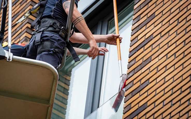 Duif vast achter glazen balkonplaat bij studentenflat Talentenplein in Zwolle.