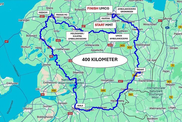 De route van de estafetteloop.
