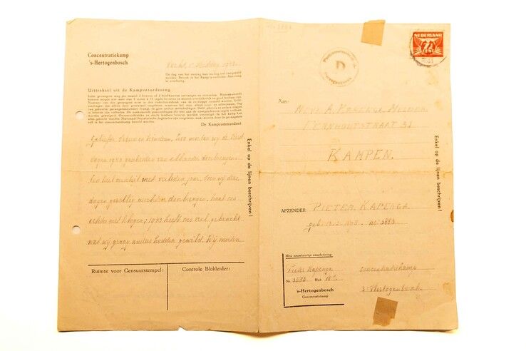 een brief geschreven op Eerste Kerstdag 1943 door Pieter Kapenga vanuit Kamp Vught